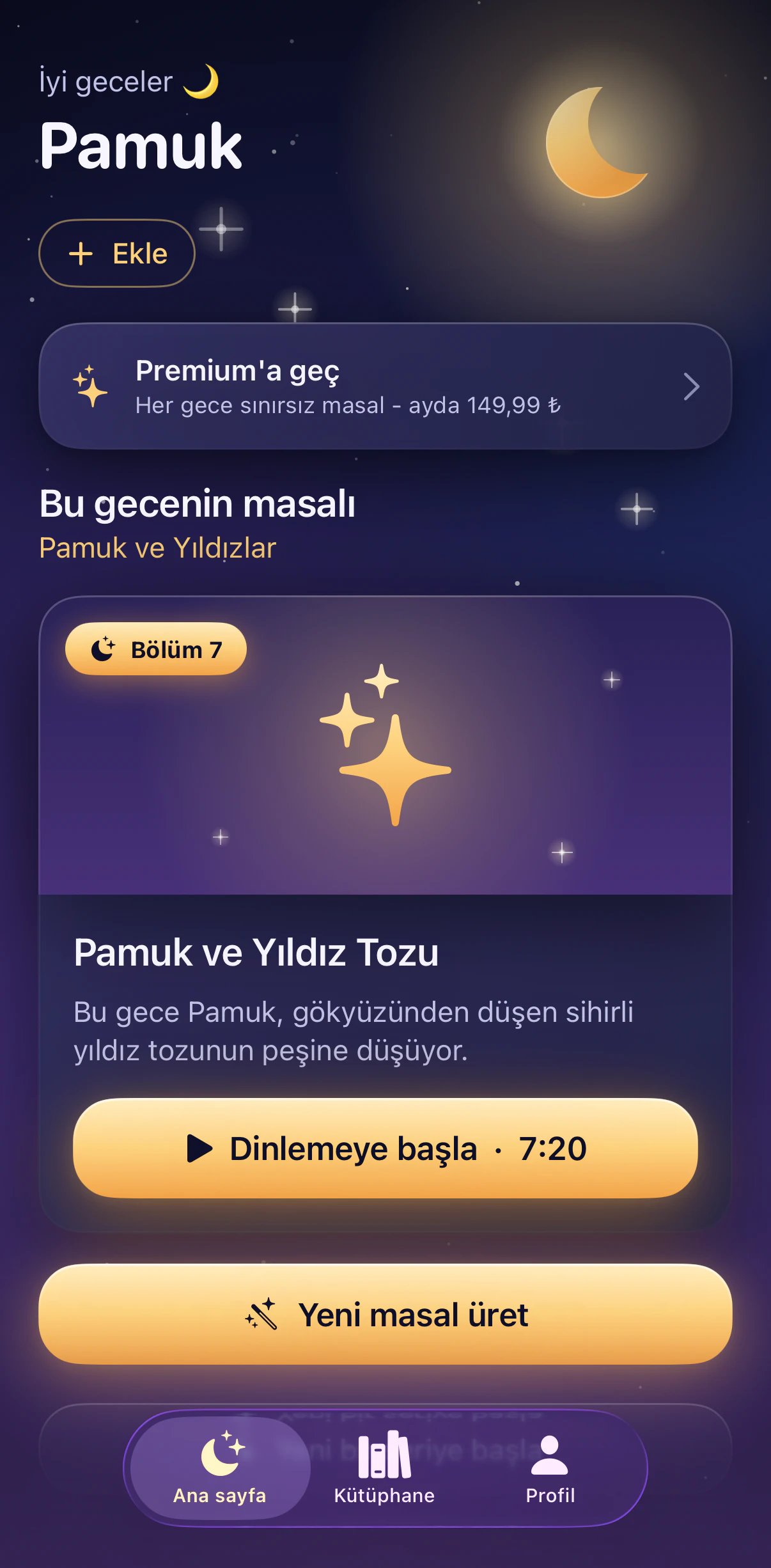 Ninnio ana ekranı: bu gecenin masalı ve dinlemeye başla butonu